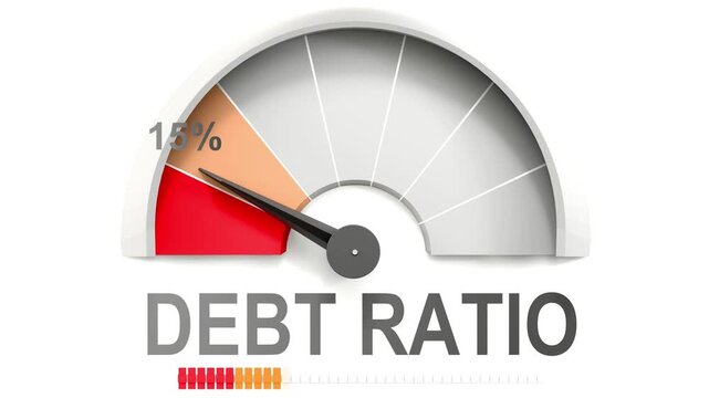 Debt ratio meter showing falling values of debt ratio. Diminishing to minimum, reaching zero, below the norm. Lack of debt ratio. No AI, made by humans for humans.