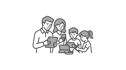 Obraz premium Corporate Family Using Digital Devices Together in Modern Workspace Setting Minimalist with high quality professional line art symbols for modern creative design and digital branding projects