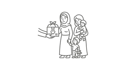 Obraz premium Sleek Black and White Line Drawing of Woman Donating Food to Family with Children and Pet with high quality professional line art symbols for modern creative design and digital branding projects