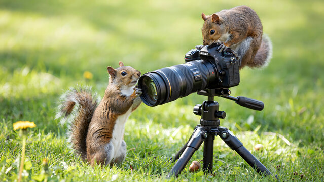 Two cute squirrels posing with a professional camera on a park tripod