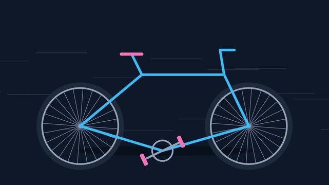 Bright Neon Blue Bicycle Silhouette Moving Rapidly Through the Darkness Representing Speed and Transportation Concepts with Pink Accents on Seat and Pedals Against a Dark Abstract Motion Blurred
