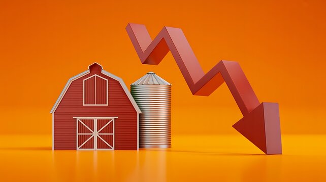 
Farm barn and grain silo with downward arrow representing agricultural market decline