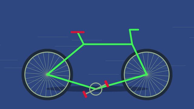 Bright green bicycle illustration with red accents moving fast across a dark blue background with a sense of motion and speed perfect for conveying transportation themes or active lifestyle