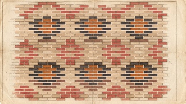 Vintage architectural brick pattern drawing, antique masonry design on aged paper, geometric brickwork layout with red and black accents