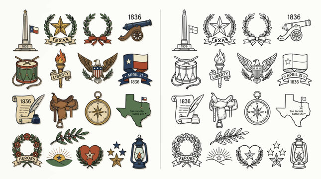 Collection of Texas Independence Symbols and Icons, including historical landmarks and emblems.