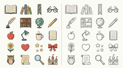 Fototapeta premium Collection of Hand-Drawn Icons Related to Reading, Education, and Knowledge.