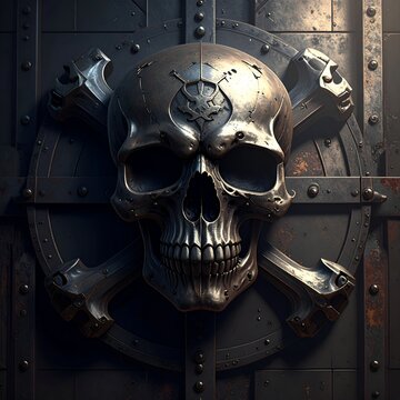 Metallic Skull Emblem with Crossed Sabers on Dark Background.