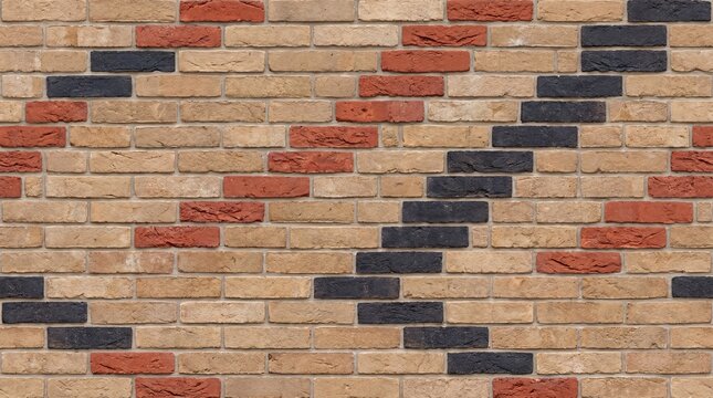 Decorative brick wall texture with diagonal pattern, multi-colored masonry background in tan red and black, architectural brickwork surface for design