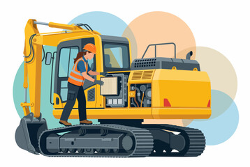 Naklejka premium Female Construction Worker Inspecting Yellow Excavator Engine