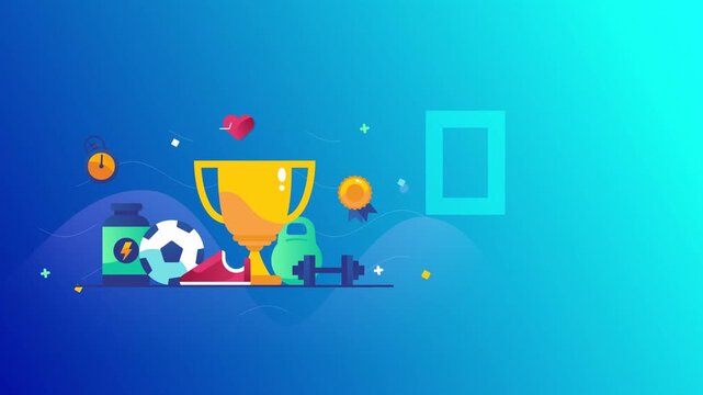 Digital illustration of sports achievement and fitness goals with trophy and exercise equipment.