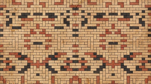 Vintage brick wall pattern with geometric mosaic design, rustic masonry texture in red and tan tones, decorative architectural brickwork background