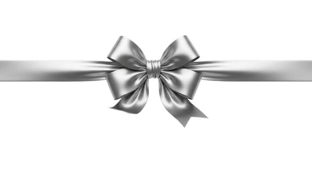 Elegant silver satin ribbon bow with a horizontal band on white background