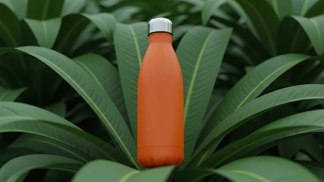 Orange reusable insulated water bottle standing amidst lush green tropical leaves