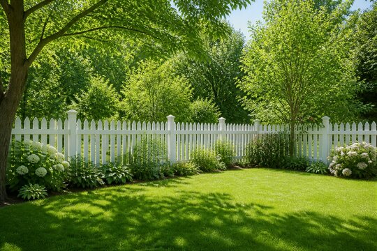A yard features a white picket fence with green grass and plants. Trees provide shade while sun shines down in the afternoon. The scene shows a green and fresh view.