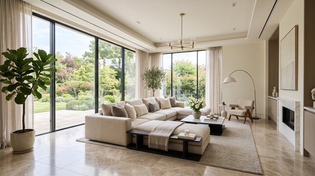 modern luxury living room with beige sofa, wooden floor, large window with curtains, contemporary furniture, coffee table, lamp, home decor, comfortable apartment interior, bright natural light, archi