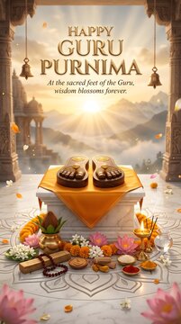Sacred paduka sandals on marble altar for guru purnima celebration with offerings
