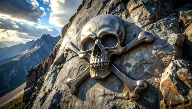 Skull and Crossbones Emblem on a Rocky Mountain Peak.