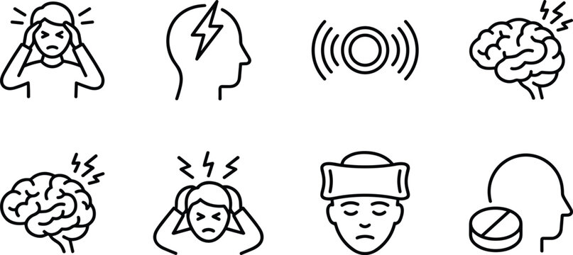 Chronic Migraine and Severe Headache Icon Set with Brain Pain Stress Relief and Medication Vector Symbols