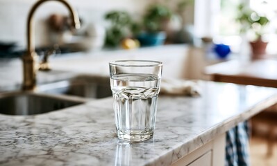 Fototapeta premium Glass of water on a marble kitchen countertop