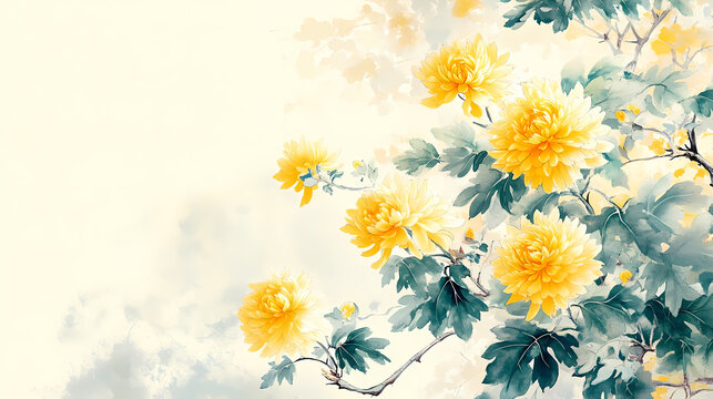 Elegant Yellow Chrysanthemum Blossoms in Chinese Painting Style