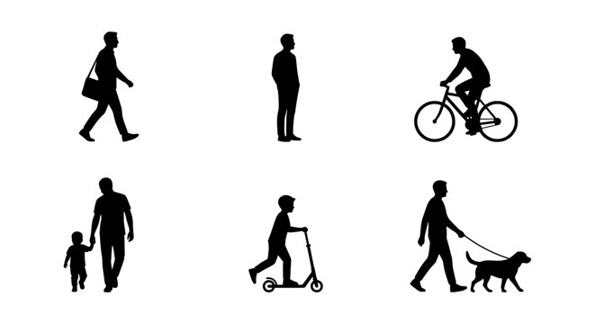 Silhouette People Set: Walking, Cycling, Scooter, Dog Walker, Child, Adult Icons