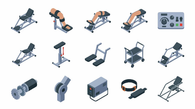 Collection of gym equipment and fitness accessories in isometric style.