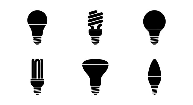 Diverse Light Bulb Icons Set, Energy Saving, LED, Incandescent, Vector Graphics