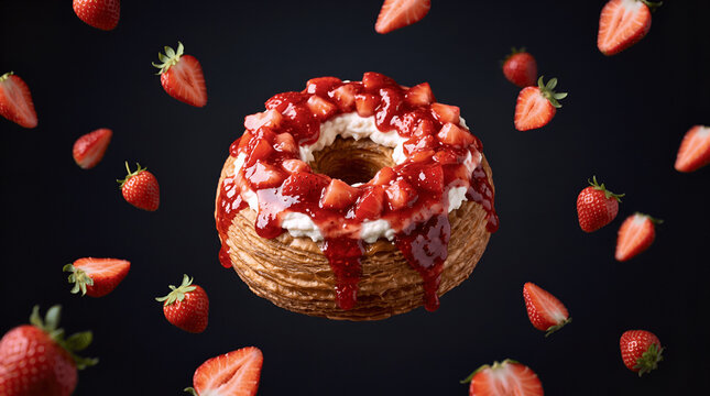 croissant sweet donut strawberry cheesecake on black background