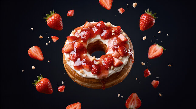 croissant sweet donut strawberry cheesecake on black background