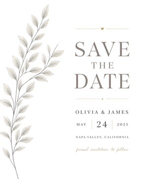 Elegant save the date announcement with botanical branch and wedding details