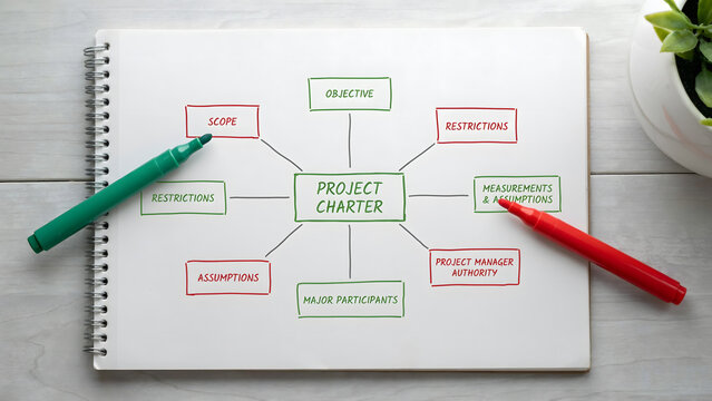A project charter mind map drawn on a spiral notebook with colored pens