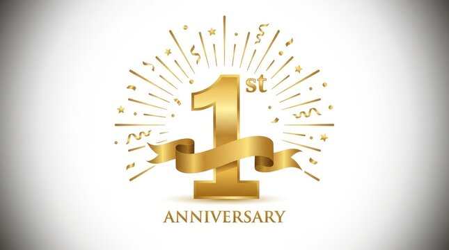 Golden 1st anniversary logo. Celebratory emblem design