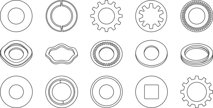 Mechanical Washers, Retaining Rings, Gears and Bearing Components Vector Line Icon Set for Engineering and Industrial Design