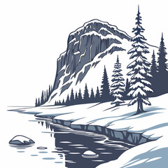 Winter mountain landscape with a snow covered peak, pine trees, and a frozen river in a cold wilderness setting on white background