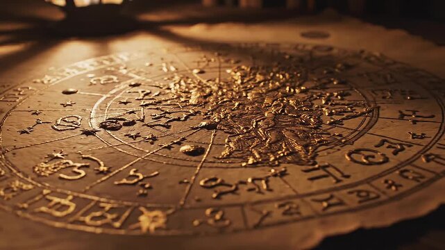 Close up of ancient astrological zodiac chart on parchment with golden symbols and mystical signs