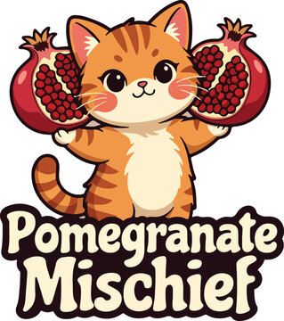 A Cute Cartoon Cat Holding Pomegranates with Playful Pomegranate Mischief Lettering