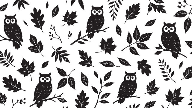 A Black and White Owl Pattern with Autumn Leaves, Branches and Botanical Elements