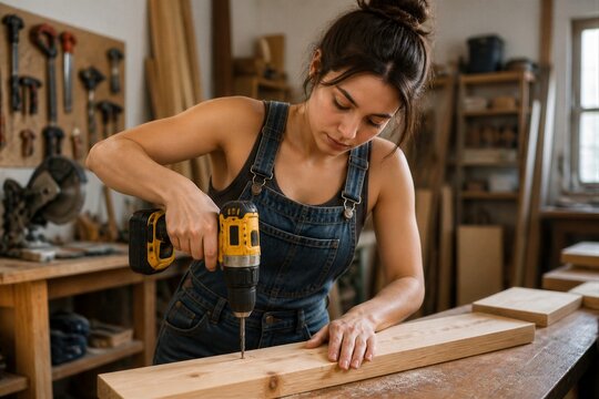 A woman is focused on a woodworking task in a workshop. She uses a drill to secure a screw in a piece of wood. Tools and materials are organized around her.