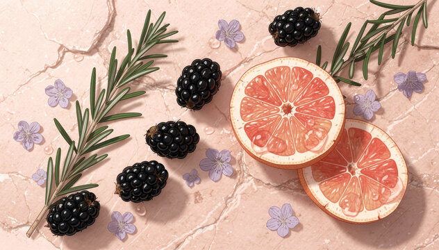 A Fresh Pink Grapefruit Flat Lay with Blackberries, Rosemary and Tiny Purple Flowers