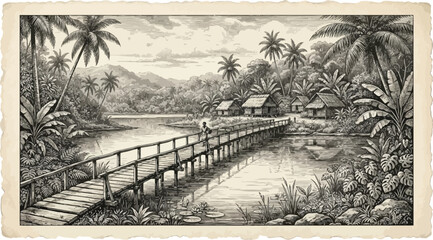 Obraz premium Vintage engraved tropical landscape with a rustic wooden footbridge over water featuring lush palm trees and a traditional rural village scene in a classic antique woodcut etching sketch style.