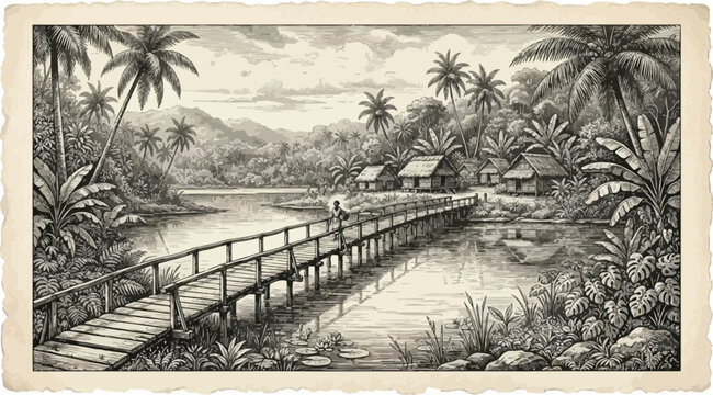 Vintage engraved tropical landscape with a rustic wooden footbridge over water featuring lush palm trees and a traditional rural village scene in a classic antique woodcut etching sketch style.