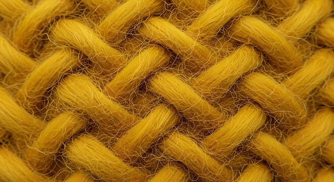 Macro detail of yellow knit wool texture fabric with soft fuzzy fibers and intricate weave pattern