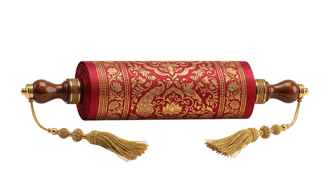 Traditional indian red and gold scroll with peacock and lotus motifs isolated on transparent background