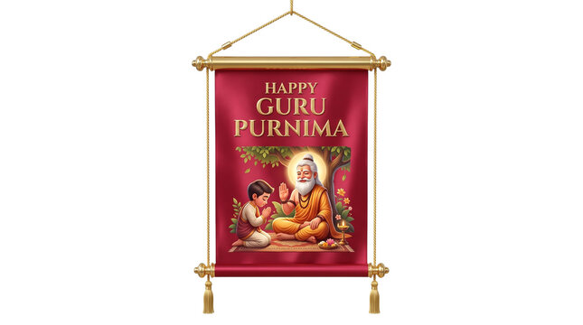 Happy guru purnima scroll banner with guru and disciple under tree, isolated on transparent background