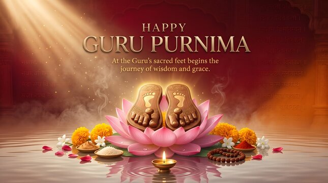 Sacred paduka symbols on lotus flower for guru purnima celebration with resting pink lotus
