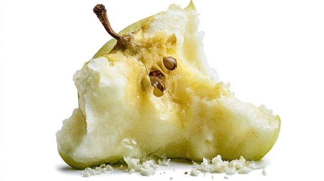 Close-up of bitten green apple core on white.