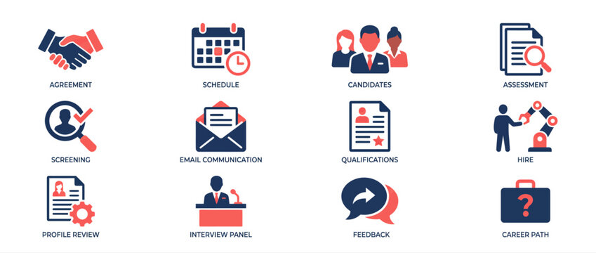 Human resources icon set. Professional recruitment and hiring process vector symbols.