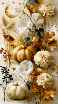 Autumn Floral Pumpkin Botanical Pattern &ndash; AI Generative
