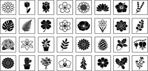Botanical Garden Flowers and Wild Plants Solid Glyph Logo Icon Set in Frames for Corporate Branding Cosmetic Packaging Patterns and Minimalist Design Vector © MdSirazul