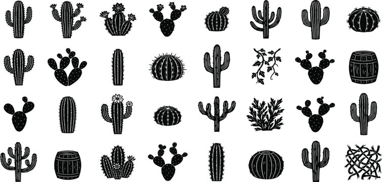 Desert Cactus and Wild Succulent Plants Solid Black Glyph Silhouette Icon Set for Mexican Restaurant Branding Western Patterns and Exotic Botanical Nature Designs Vector